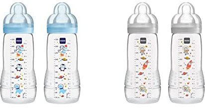 MAM Easy Active Lot de 2 Biberons Avec Tétine Taille 2 en Silicone SkinSoft, Bouteille de Lait Ergonomique, 4 Mois et Plus, Espace