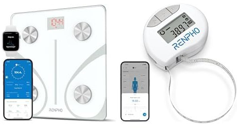 RENPHO Smart Balance Pese Personne and Mettre Ruban Corps, Balance numérique Bluetooth avec ruban à mesurer pour la mesure du corps, la prise de masse musculaire, cadeaux, 400 lbs, pouces/cm