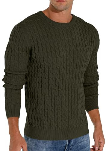 Hisir Men's Winter Cable Knit Jumpers Casual Crew Neck Warm Long Sleeve Pullover Sweater Tops for Men (Army Green, L)