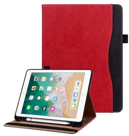 ONETHEFUL Hülle für iPad 9.7 Zoll 6. Generation 2018/5. Generation 2017 /iPad Air 1/2,Premium Pu Leder Klappständer Schutzhülle mit Stifthalter und Dokumentschlitze,Auto Schlafen/Wachen Rot