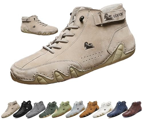 Uomo Stivali Alti in Pelle Scamosciata Fatti a Mano, Beck Scarpe Uomo Impermeabili Antiscivolo Leggere Traspiranti Stivali Uomo for l'escursionismo e la Guida (Color : Cachi, Size : 44 EU)
