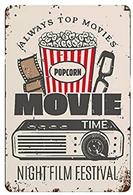Metall-Blechschild „Movie Time Night Film, Vintage-Blechposter, Metallschild, WandDekoration, Landhaus, Küche, Zuhause, Garage, Dekor, 30,5 x 20,3 cm