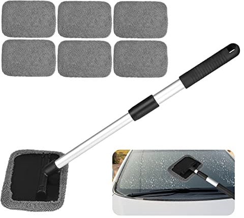 Car Window Cleaner Tool – Extendable Windscreen Cleaner with 6 Microfiber Pads, Vehicle Window Brush Set for Exterior Cleaning & Demisting