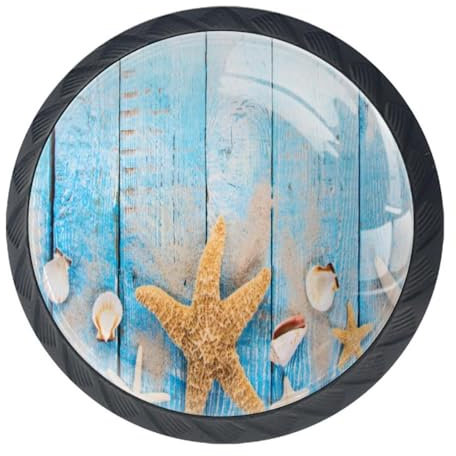 Luoweisi Schubladenknöpfe, Seesternmuscheln, Blau, Holz, Schrankgriffe, Hardware, rund, Pilz-Türgriff, für Schrank, Kleiderschrank, Schublade, Schlafzimmer, Badezimmermöbel, 4 Stück