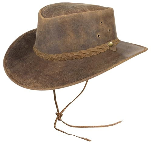 Pamposh Sombrero de vaquero de cuero para hombres y mujeres, hecho a mano, ligero, moldeable, duradero, de ala ancha, sombrero de vaquera, Marrón-01, M