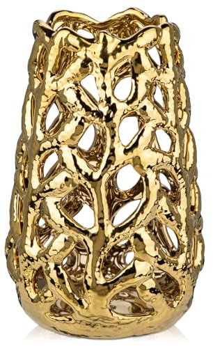 Keramik Hohlvase Vasen für pampasgras Gold Keramikvase Dekorative Moderne Vase Hohle Blumenvasen Rustikales Antikes Dekor für Bücherregal, Kaminsims, Idee Regal,Tisch, Gold