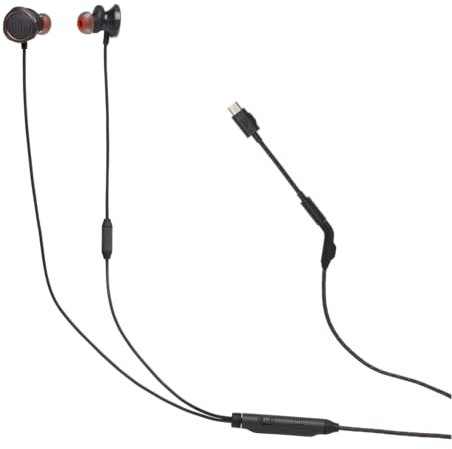 JBL Quantum 50C, auriculares intraaurales con cable para gaming, USB-C, JBL QuantumSURROUND, compatibilidad multiplataforma, micrófono, botones para volumen y silenciar micrófono, negro