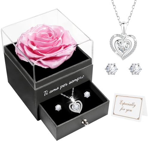 Miofula Rosa Stabilizzata Regalo Donna,Rosa Eterna con Collana Argento 925 Orecchini Donna,Ti Amo per Sempre,Regalo Mamma Compleanno,Rose Stabilizzate Regali Natale Anniversario San Valentino per Lei