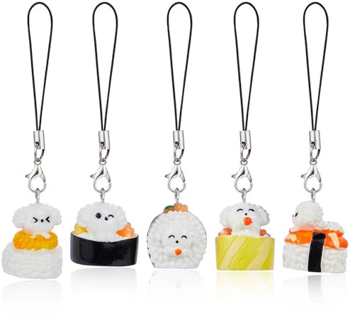 BEEFLYING 5 STK. Handy Anhänger Ästhetik Y2K Niedliche Harz Sushi Hund Anhänger Bänder Handy Anhänger Zubehör für Tasche Schlüsselanhänger Kamera Geldbörse