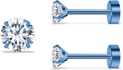 ZDE Titan Damen flache Ohrringe für Frauen Zirkonia Ohrstecker flache zurück Ohrringe hypoallergen Knorpel Flatback Ohrring Tragus Helix Tragus Conch Piercing (Blue, 3mm)