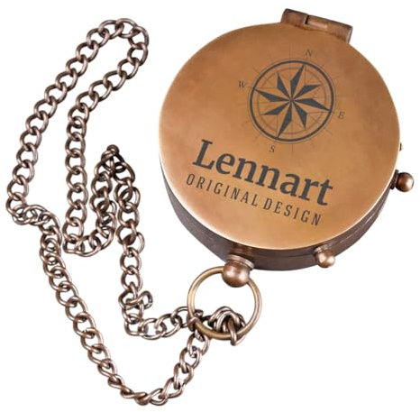 polar-effekt Kompass aus Messing mit personalisierter Gravur - Wanderkompass mit Name - Geschenk zum Geburtstag - Für Camping, Wandern und Jagd - Mit Metallkette