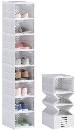 HOMCOM Schuhboxen 8 Stück Stapelbar Faltbar mit Transparenten Türen Weiß | Schuh-Organizer, Platzsparende Schuhaufbewahrung, für 8 Paare Schuhe