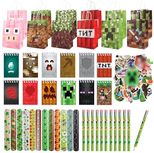 KEVRDRT Miner Videospiel Party Mitgebsel, 98 Pcs Videospiel Spiel Kindergeburtstag Gastgeschenke, Gamer Theme Party Zubehör mit Geschenktüten Notizbuch Armband Aufkleber Bleistift