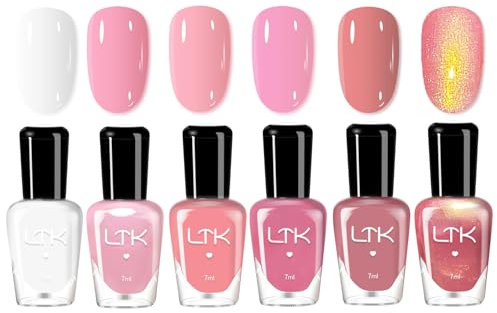 6Pcs Nail Polish Set - Nude Pink White Nail Varnish Quick Dry Long Lasting - Water Based Non-Toxic High Gloss Gel Polish, No UV Lamp Needed for Home Manicure & DIY Nail Art