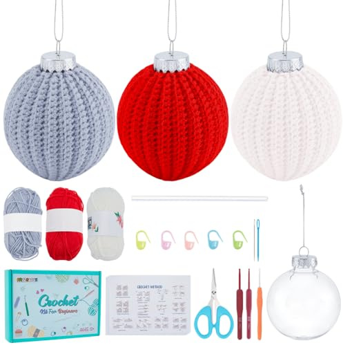 FREEBLOSS 3 Set Weihnachtskugel Häkelset Häkelset Für Anfänger Und Erwachsene Stricksets Zum Lernen Mit Video Tutorial alle Materialien Enthalten
