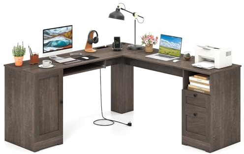 COSTWAY Escritorio Esquinero con Enchufes, Grande 168X168 cm, Escritorio en L con Cajones, Bandeja para Teclado, Mesa en L con Estante Ajustable Oficina Casa(Gris+Enchufe)