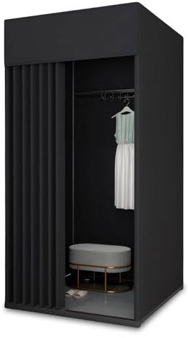 Zertylre Umkleidekabine Freistehend,Quadratische Umkleideraum,Mobile Anproberaum mit Vorhang und Haken, für Bekleidungsgeschäfte, Boutiquen,Büro und Einkaufszentrum (Schwarz, 100x100x200cm)