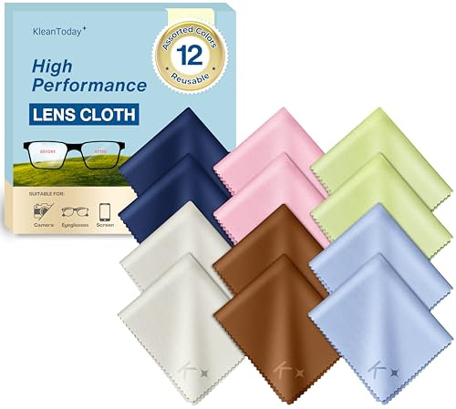 12 Count 200gsm Glasses Cleaning Cloth for Eyeglasses, Lens & Screen, Individually Wrapped Scratch-Free Streak-Free Eye Glasses Cleaner Cloth for Sunglasses, Camera Lens, Screen wipes, Multicolour