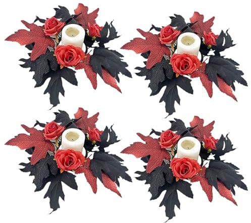 Kuuleyn 4pcs Halloween -Kerzenringe Kränze, Maple Blatt Rose Kerzenstick Dekorative Kranz für Halloween Thanksgiving Harvest Tisch Herbst Mittelstücke