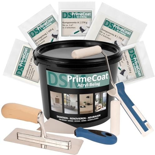 DSM PrimeCoat Acryl-Belag Spachtelmasse für fugenlose Dusche & Bad – Set | für ca. 1 m² – M01 Reinweiß – inkl. Zubehör & Strukturmix Easy Fein – für Wand, Boden, Möbel – Mikrozement Alternative
