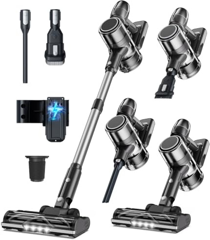 Syntecno Aspiradora Sin Cable Aspirador Escoba - Aspiradoras de Mano Vertical Electricas Cordless Vacuum Cleaner Potente Inalámbrica de Pie Bateria con Cepillo para Pelos de Mascota Suelo y Alfombra