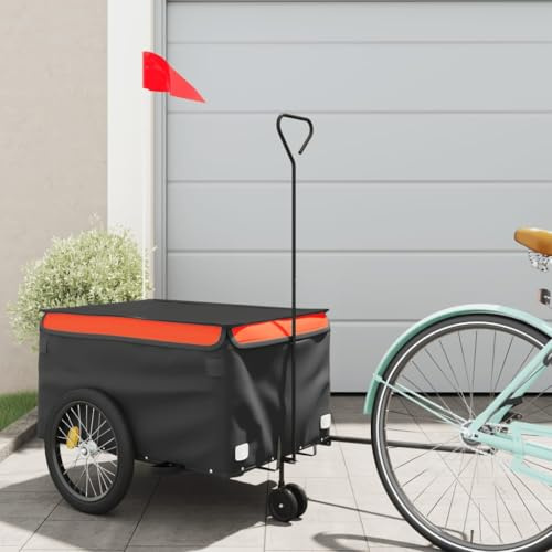 QUAHEAS Fahrradanhänger Schwarz Orange mit 30 kg Traglast aus Eisen, 124x53x45 cm, mit Deichsel und Sicherheitsflagge für Transport von Gepäck, Lasten, Kindern, Hunden, Outdoor und Radtouren
