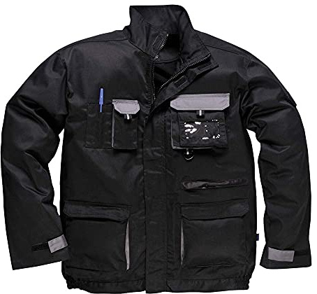 Portwest TX10 Texo Contrast Jacket Multi Pocket Long Sleeve Polyester | Black, X Small, UPF 50+, Regular Fit, Hook and Loop Closure, Side Elastic Waist, Hardwearing, Storm Flap Front, Workwear