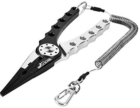 Booms Fishing X01 Aluminum Fishing Pliers Saltwater, Surf Fishing Tackle Kit, Fishing Multitool Hook Remover, Braided Fishing Line Cutter, Split Ring Pliers, with Coiled Lanyard and Sheath, Black