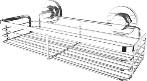 Cornat 1 – Cesta Extra Larga y Plana – para Montaje en Pared – 3 Opciones de fijación Diferentes con Ventosa, Almohadilla Adhesiva y taladrar – Cromado/estantería de Ducha / T340274, Plata