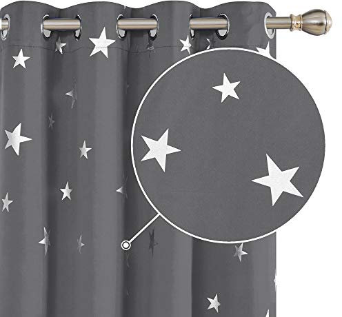 Deconovo Sonnenschutz Gardinen mit Ösen Thermo Vorhänge Blackout Vorhang mit Muster Sterne, 138x132 cm(HöhexBreite), Hellgrau, 2er Set