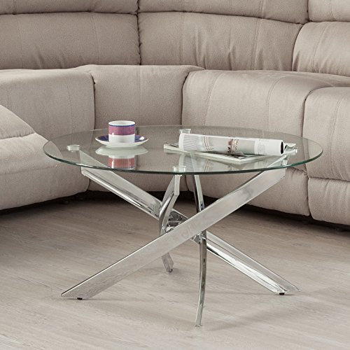 Homely - Mesa de Centro Dalila | Cristal Redondo | Diseño Moderno | Salón, Comedor, despacho, Dormitorio | 80 cm de diámetro | 80x80x40 cm | Original Base de Acero Cromado