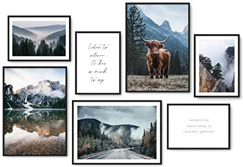 Premium Poster Set - 7 harmonische Natur Bilder - See Wald Berge Highland Cow Schottland Deko für Wohnzimmer Flur Schlafzimmer - ohne Rahmen