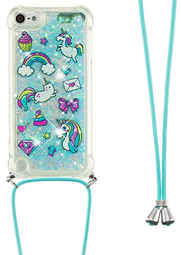LEMAXELERS LEMAXELERS Handyhülle mit Halskette für iPod Touch 5 / iPod Touch 6/7, iPod Touch 5-Hülle, Glitter Bling, fließende Flüssigkeit, glänzender 3D-Moving Quicksand Cover mit Halskettenkordelri