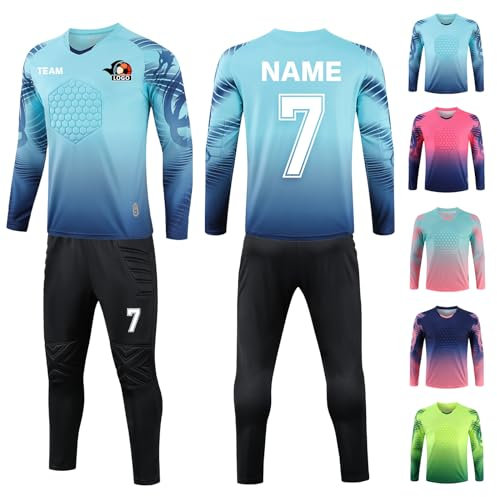 LAIFU Torwarttrikot Personalisieren für Erwachsene/Kinder Torwarttrikot Gepolstert mit Nummer Name Team (Blau)