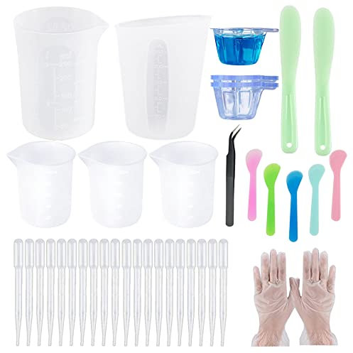 Woohome 58 Stück Silikonbecher für Harz Resin Form Schmuck Werkzeug, 3 Stil Silikon Messbecher, Pinzette, Handschuhe, Mischbecher für Handgemachtes Bastelharz, Gießformen