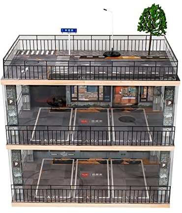 kivcmds 1:24 Scale Car Model Display Case with Parking Lot Scene for Sports Car and Lego Collectors, Display Stand for Alloy Car Model Toy with Light (3-Tiers Coffee Shop Parking Lot)