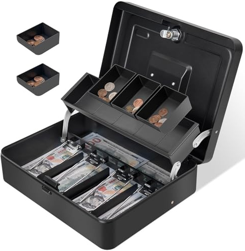Sgorlds Cash Box Metal Money Box with 4 Bill 5 Coin Cash Tray Coin Compartmentand and Key Lock on Top, 11.8L x 9.5W x 3.5H Inches, Black