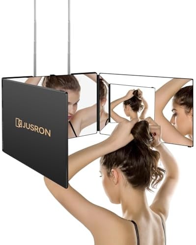 JUSRON 360 Viewing Angle Self Hair Cutting Mirror, Clear Anti-Fog HD Glass (Black Without LED Without Accessories)