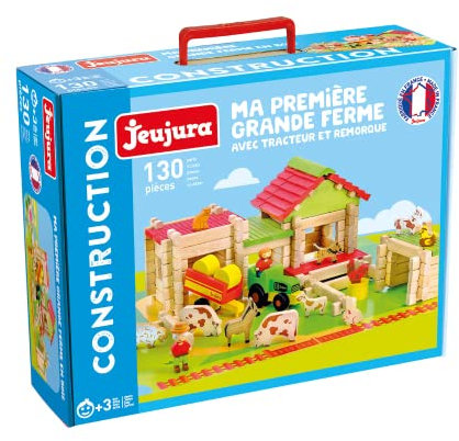 Jeujura - Ma Premiere Grande Ferme avec Tracteur et Remorque - 130 Pieces - Jeux de Construction dans sa Valise en Carton - A partir de 5 Ans - Agilité - Créativité - Manipulation - 8327