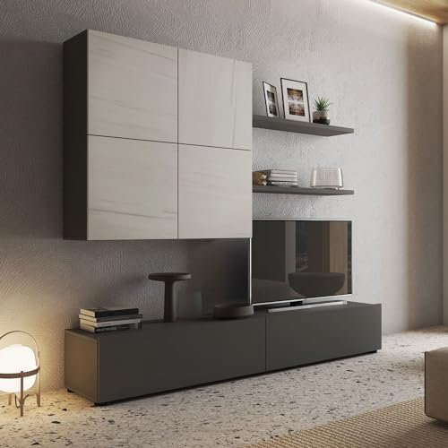 lukmebel Inbox Wohnwand Minimalistisches modernes Universalregal RTV-Schrank Dezentes Design Stilvoll Sehr Funktionell Zähmen Sie Ihre Kabel Langlebig Sieht wie Marmor aus, Graphit