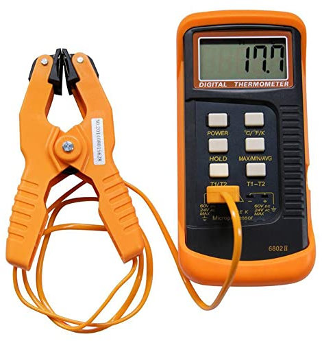 Dual Channel K Type Digital Thermocouple Thermometer 6802 II, Automatic Temperature Compensation Digital Thermocouple Thermometer with 2 K-type Thermocouple Sensor & 1 Pipe Clamps (-58°F to 2372°F)