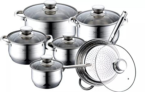 Batería de Cocina de Acero Inoxidable 12 Piezas - Válida para Inducción - Cazuelas y Ollas (Inox)
