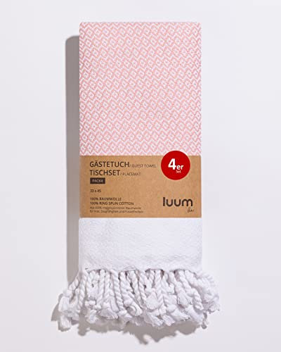 Luum® 4er Set Hamam Gästehandtücher, Platzset, Platzdeckchen, Tischset waschbar, Seiftuch, 100% Baumwolle, schnelltrocknend, fusselfrei, Peach, 33x45, Geschenkset, Hochzeitsgeschenk Idee