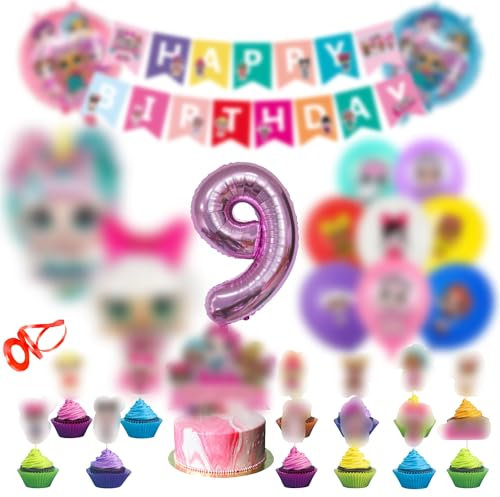 Lol Geburtstag Deko 9 Jahre 48 Stück, Lol überraschung Luftballon 9.Geburtstag, Lol Puppen Folienballon 9, Lol Ballon Latex, Cake Topper Happy Birthday Girlande Banner Jungen Mädchen Party