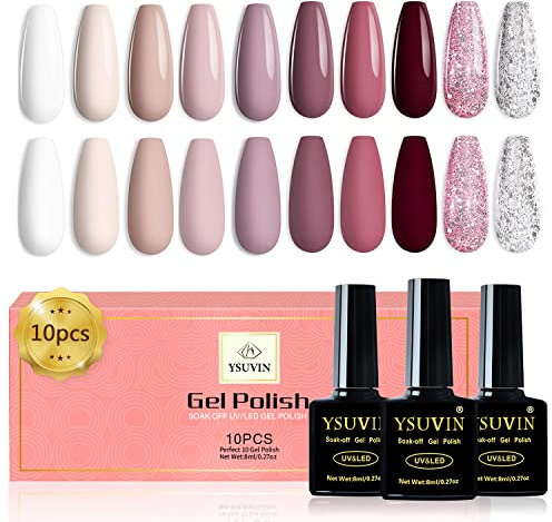YSUVIN UV Nagellack, 10 Farben Gel Nagellack, Natur Nude Weiß Rosa Rotweinrot Glitzer Silber Tränken Sie den UV-Nagellack für Anfänger DIY Nail Art Maniküre Salon, Langlebig