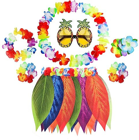 PHOGARY 7 Stücke Blätterrock Hula Set,Hawaii Blattsatz Kostüme Damen mit Hawaii Rock Hawaii Kette Blumen Haarblume Ananas-Sonnenbrille für Sommerfasching Hawaii Party Deko