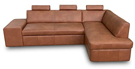 Quattro Meble Ecksofa Antalya III 3z 266 x 164cm Echtleder mit Ziernaht Sofa Couch mit Schlaffunktion, Bettkasten und Kopfstützen Eck Couch Echt Leder Granada Savannah. (266 x 164 Ecke Rechts)