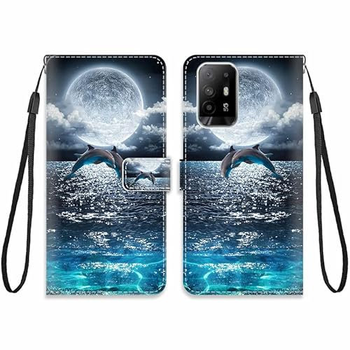 KARTXITAI Cover Compatibile con OPPO A94 5G/Reno5 Z/A95 5G PU Pelle TPU Silicone Portafoglio Magnetica con Disegni Motivo Animale Flip Custodia in Libro Slot Schede Custodia-Delfini,mare,luna,cielo