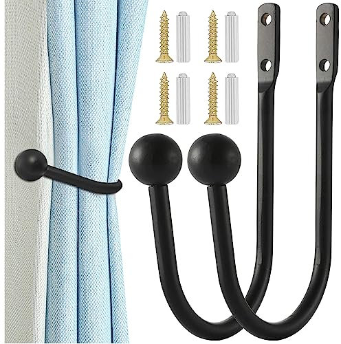 FANNAS 2 Stück Raffhalter Gardinen Dekorativer Metall Vorhang Raffhalter Haken Wandbefestigung U-Form Raffbügel Vorhänge Tieback Hooks für Schlafzimmer Wohnzimmer Bäder Büros Cafés (Schwarz)
