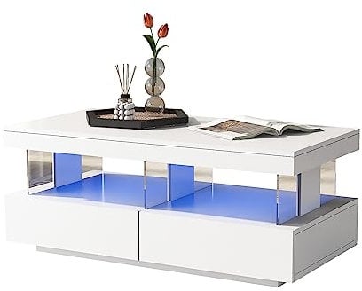 ModernLuxe Coffee Table, White High Gloss Living Room Tables with 16 Colors LED Lights, Coffee Table with 2 Drawers and Open Storage Space, Rectangular Coffee Tables for Living Room 100*60*49.5 cm